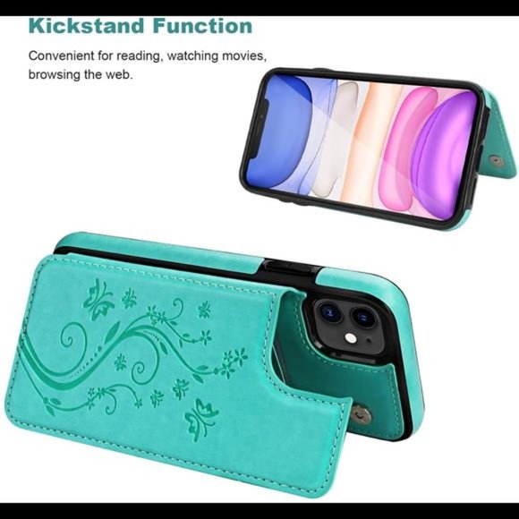 iPhone 11 Case Wallet with Card Holder, Embossed Butterfly, 6.1 inch, Green - Picture 2 of 6